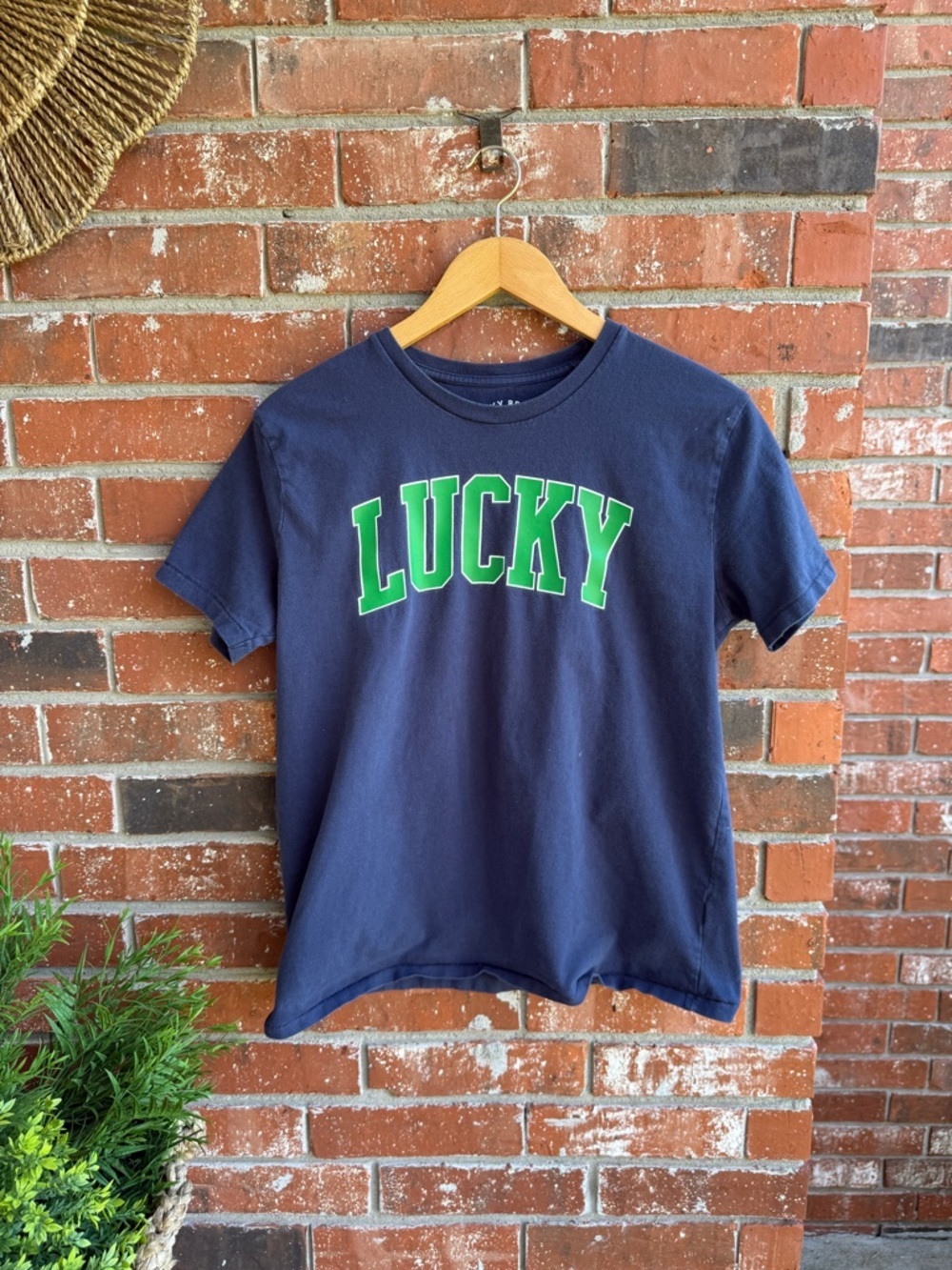 Lucky Brand Navy Tee with Bright Green 'LUCKY' Graphic